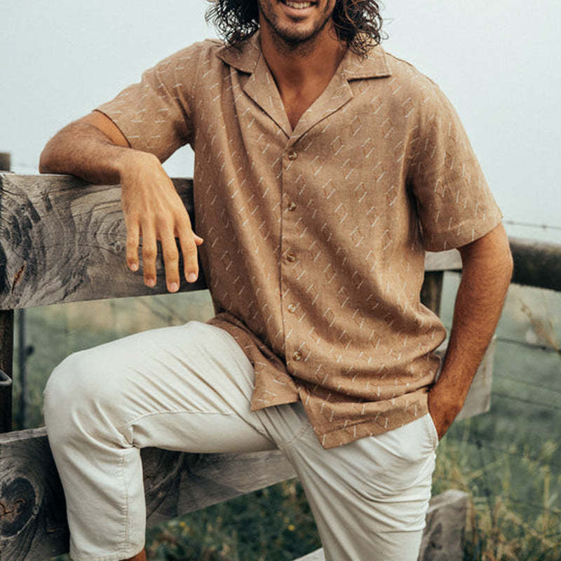 Men's Classic Casual Cuban Collar Cotton And Linen Short Sleeve Shirt