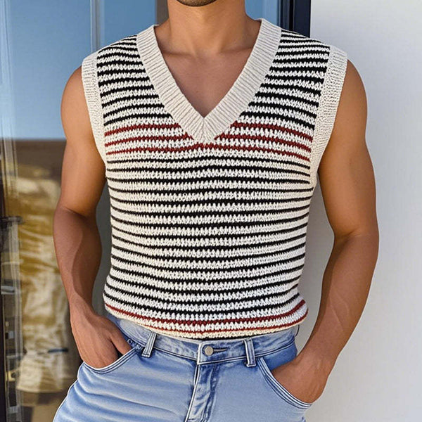 Men's Casual V Neck Contrast Color Striped Knitted Tank Top