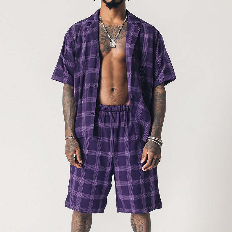 Conjunto de dos piezas de camisa deportiva informal de lino con estampado de cuadros para hombre