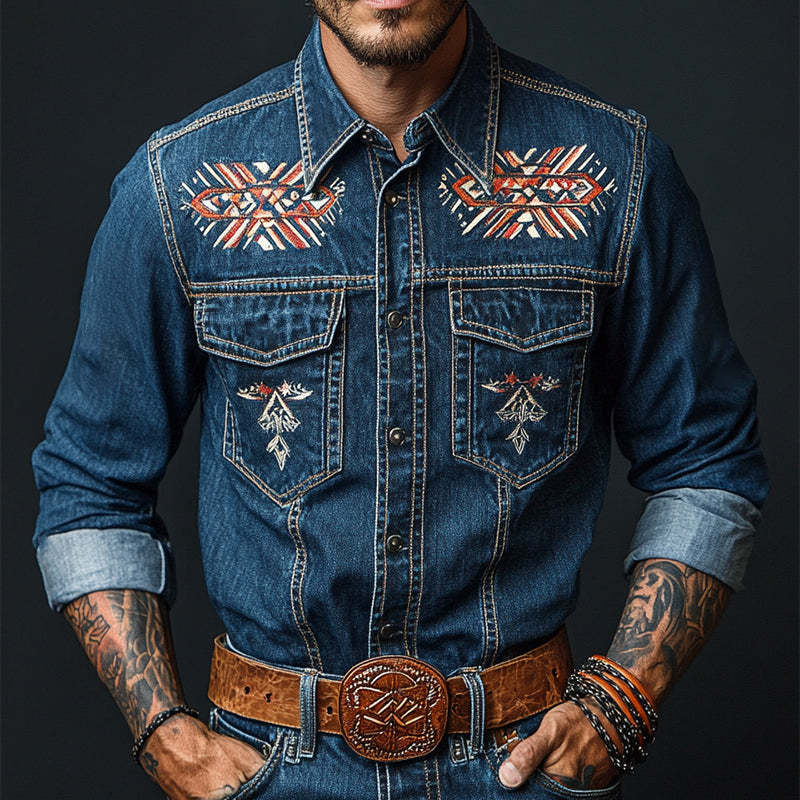 Men's Retro Casual Ethnic Style Printed Denim Lapel Long Sleeve Shirt