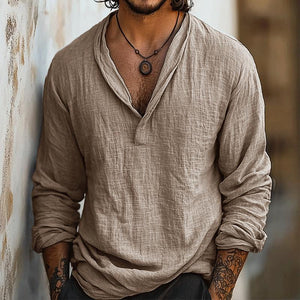 Camisa retro informal de algodón y lino de manga larga para hombre