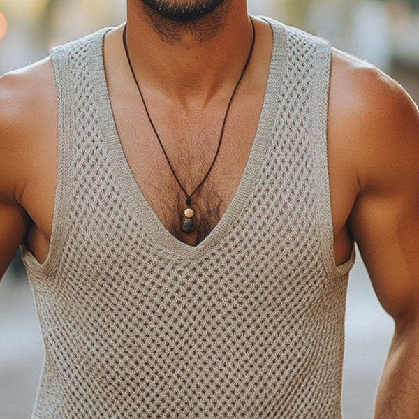 Camiseta básica informal de punto de malla con cuello en V de verano para hombre