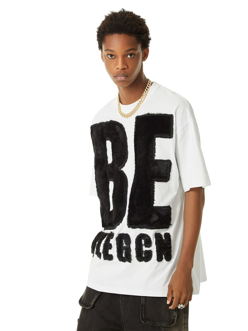 Suede Embroidered Letters Street Rap T-shirt