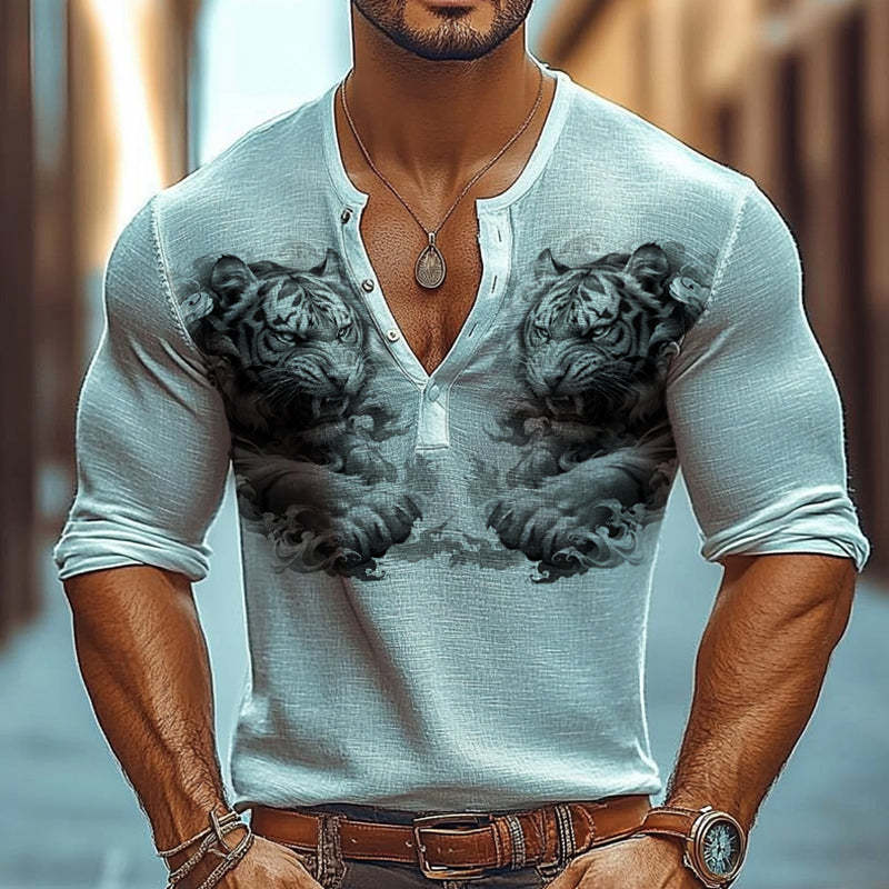 Herren-T-Shirt mit Tiger-Print und Henley-Ausschnitt, langärmlig 
