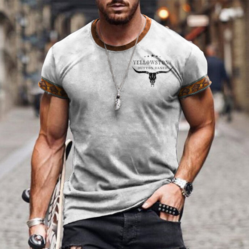 Men's T-shirt Vintage Western National Style Print Pattern Summer Short-sleeved Color Matching Round Neck Tee