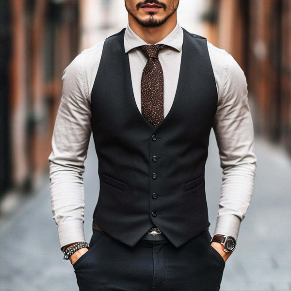 Chaleco de negocios retro de color sólido con botonadura sencilla para hombre