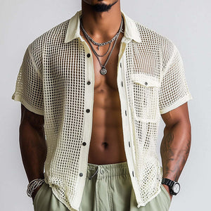 Men's Spring Fashion Woven Hollow Short Sleeve Shirt
