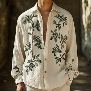 Men's Spring Fashion Leaf Embroidery Casual Sports Long Sleeve Shirt