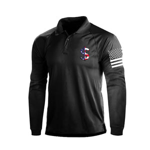 Poloshirt mit langem Arm und Dollarmuster-Aufdruck, USA-Flagge, 1/4-Knopf