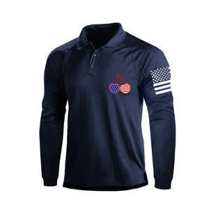 POLO DE MANGA LARGA RAGLÁN CON BOTONES DE 1/4 Y BANDERA DE EE. UU. DE CHERRY