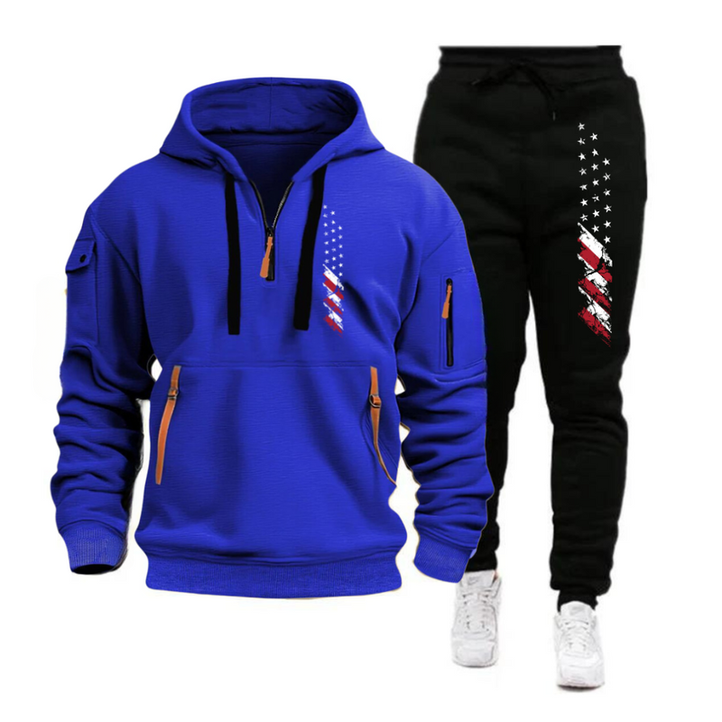 USA FLAG SPORTS HOODIE SET MEN'S MULTI POCKET ZIPPER HOODED SWEATSHIRT SPORTS SUIT SET