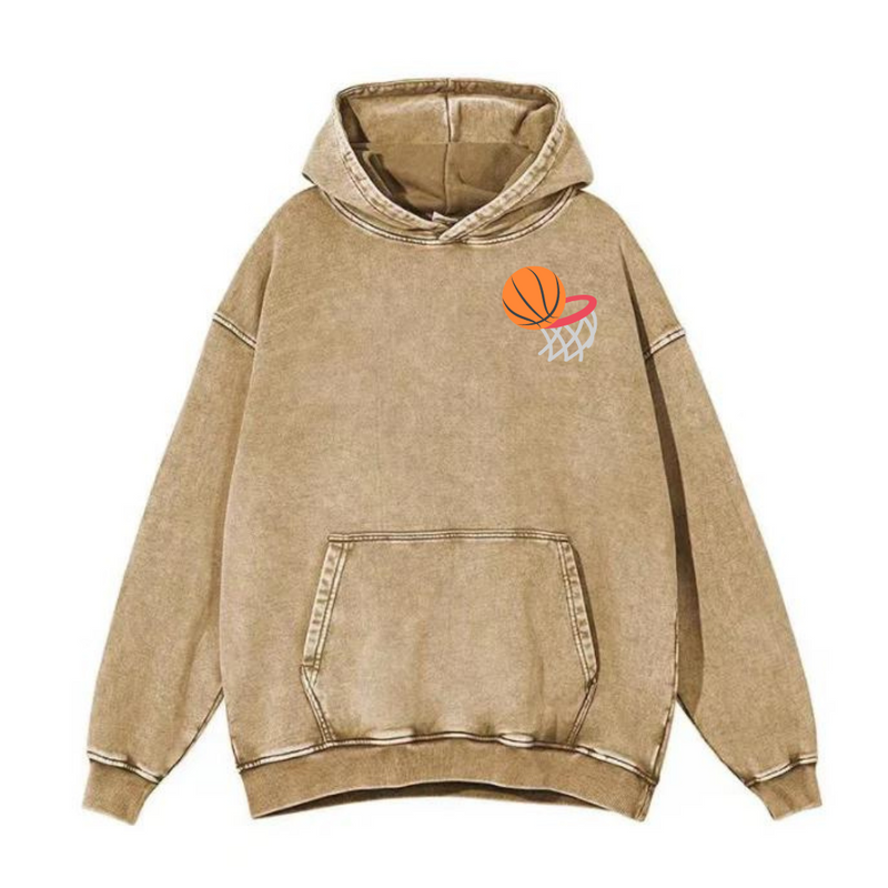 BASKETBALL  WATER WASHED DISTRESSED FLEECE HOODED SWEATSHIRT