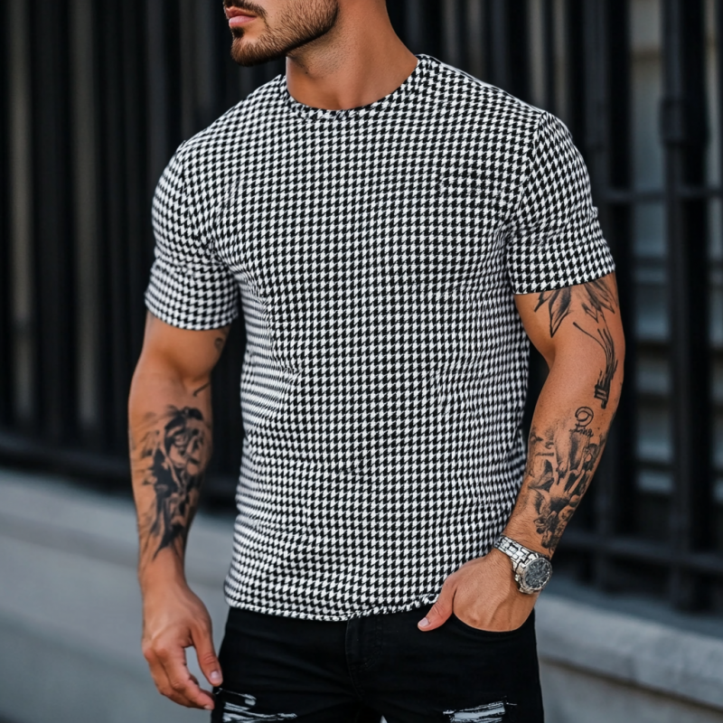 Lässiges Herren-T-Shirt mit Hahnentrittmuster, Rundhalsausschnitt, schmale Ärmel