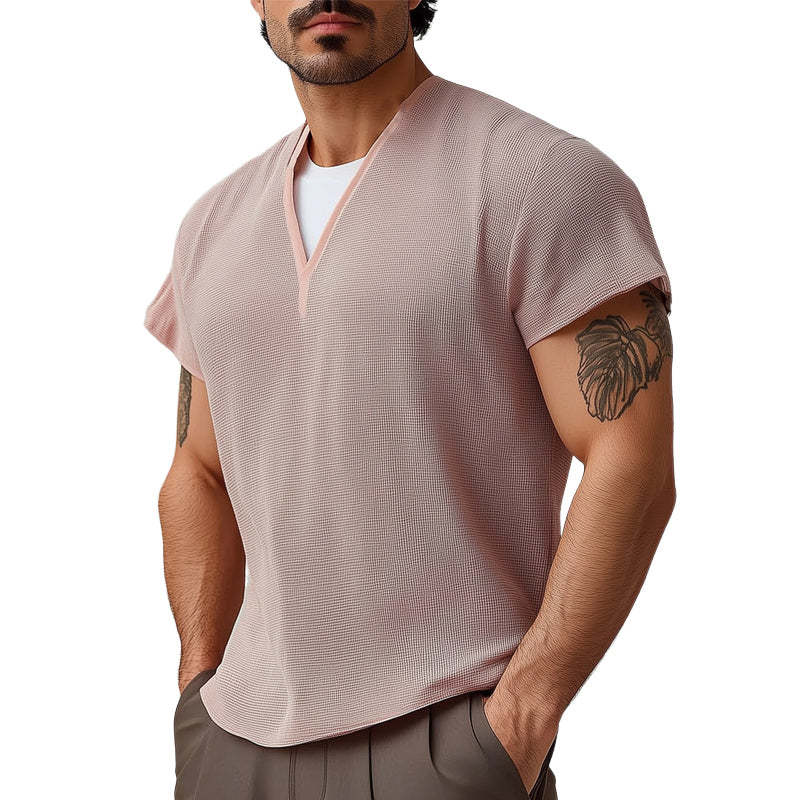 Herren Sommer Basic V-Ausschnitt Strukturiertes Kurzarm T-Shirt