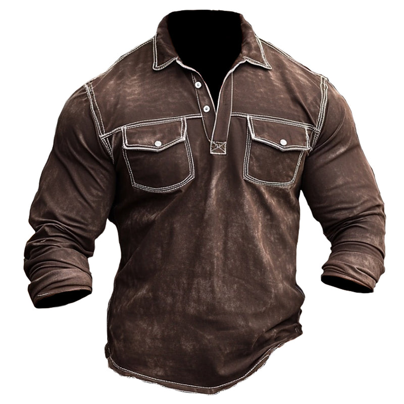 Men's Retro Casual Long Sleeve Pocket Lapel T-Shirt