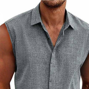 Men's Solid Color Lapel Cotton And Linen Sleeveless Shirt