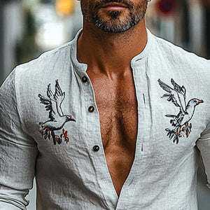 Camisa de manga larga con cuello redondo y bordado de algodón y lino para hombre