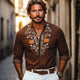 Camisa informal de manga larga bordada vintage de algodón y lino para hombre