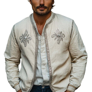 Chaqueta bordada de algodón y lino para hombre, de primavera y otoño.