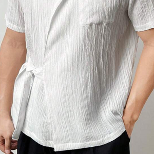 Men's Spring And Summer Fashion Casual Lapel Pleated Fabric Short Sleeve Shirt