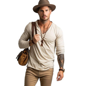 Camiseta informal de algodón con cuello en V y manga larga ajustada para hombre