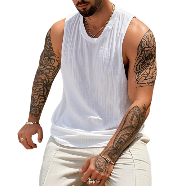 Men's Casual Cotton Linen Pleated Round Neck Loose Tank Top MTA3176C3M