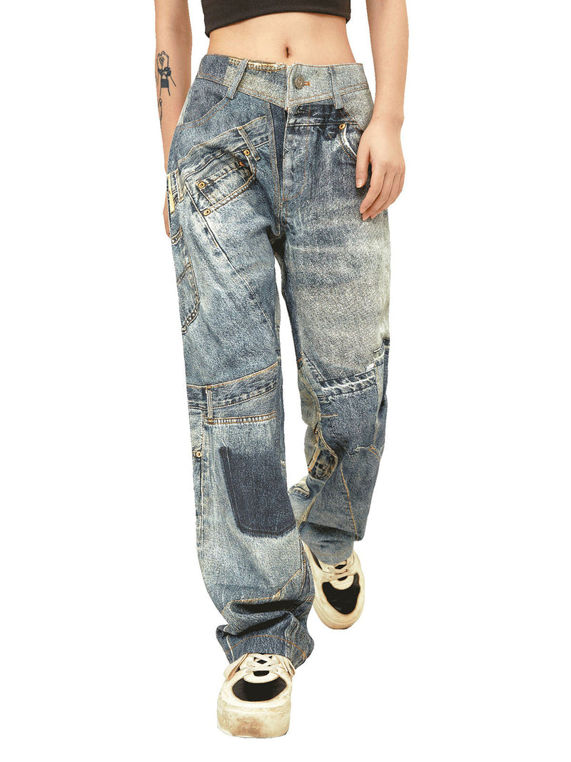 Street Hip-Hop Deconstructed Print Jeans