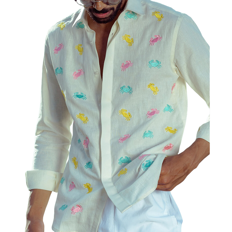 Men's Embroidered Fun Crab Pattern Long Sleeve Shirt