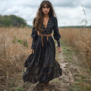 Vestido largo vintage de lino con escote en V y mangas largas para mujer, estilo pastoral.