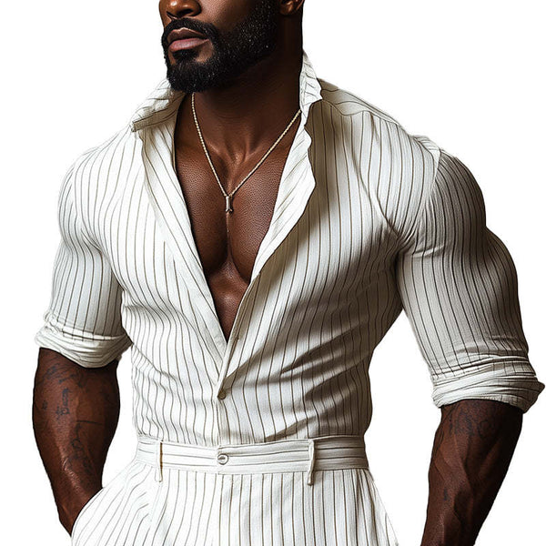 Camisa deportiva informal de manga larga a rayas sencillas de moda de primavera para hombre 