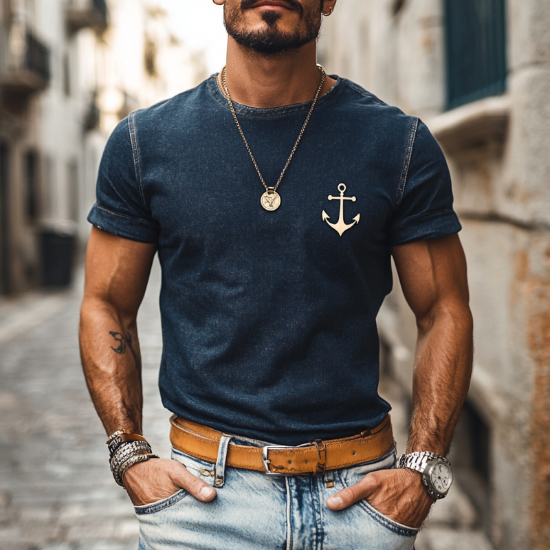 Men's Retro Denim Washed Anchor Print Round Neck Slim Fit Short Sleeve T-Shirt