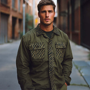 Men's Spring And Autumn Army Green Splicing Printed Long Sleeve Shirt