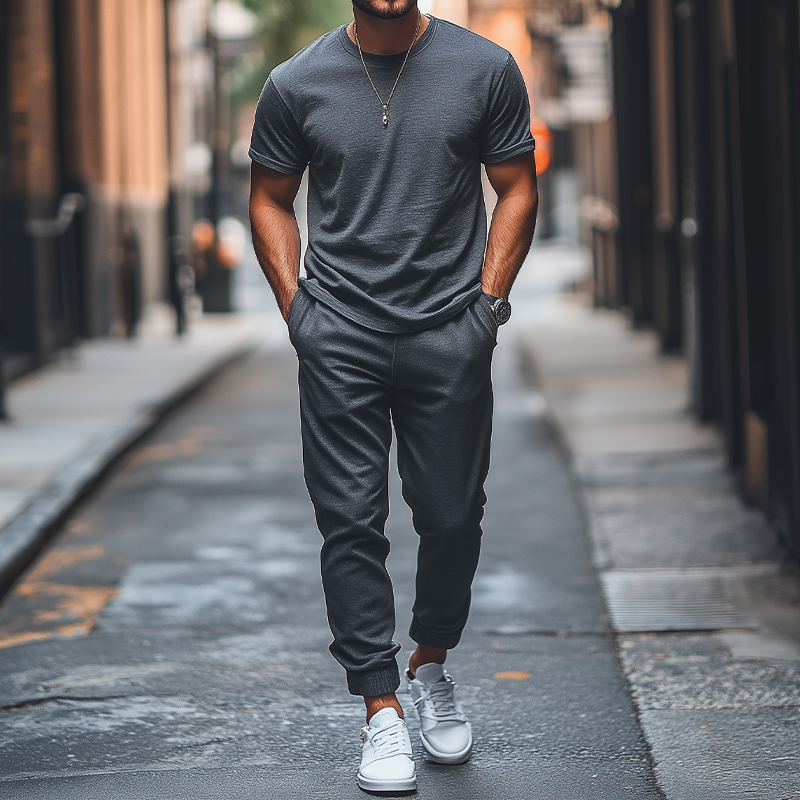 Men's Spring Fashion Casual Loose Bamboo Cotton Blended T-shirt Cambered Casual Pants Set