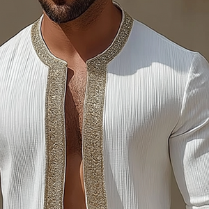 Men's Retro Casual Striped Collarless Long Sleeve Shirt