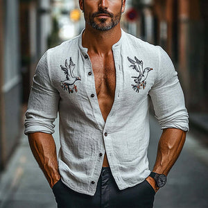 Camisa de manga larga con cuello redondo y bordado de algodón y lino para hombre