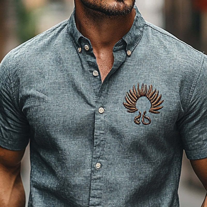 Men's Cotton And Linen Embroidered Short Sleeve Shirt