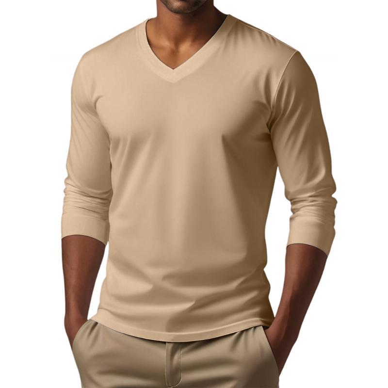 Camiseta informal de manga larga ajustada de algodón mezclado con cuello en V para hombre