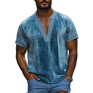 Camiseta de manga corta de terciopelo con escote en V profundo y costuras de encaje para hombre, moda de primavera