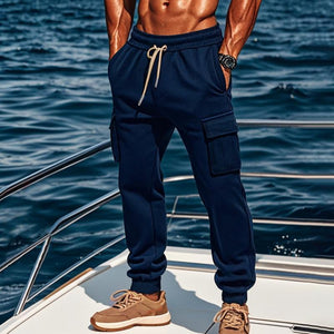 Men's Solid Color Plush Elastic Waist Multi-pocket Sports Pants