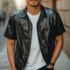 Camisa holgada de cuero negro de manga corta de verano para hombre