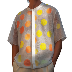 Men's Retro Casual Polka Dot Loose Stand Collar Short Sleeve Shirt