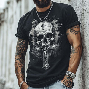 Camiseta de manga corta con cuello redondo y estampado de calavera y cruz para hombre, estilo retro informal