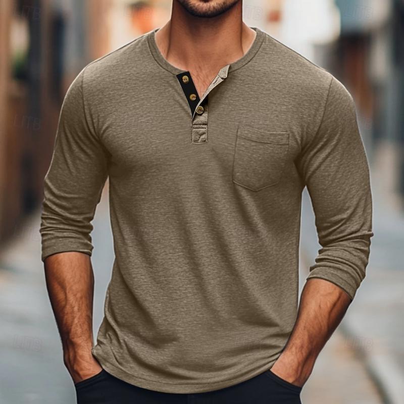 Men's Solid Color Button Round Neck Long Sleeve T-Shirt