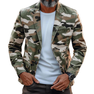 Blazer informal de un solo pecho con solapa con muesca y diseño retro de camuflaje para hombre
