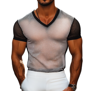 Camiseta de manga corta con cuello en V, estilo retro, informal, de verano, con tejido de malla y bloques de color para hombre