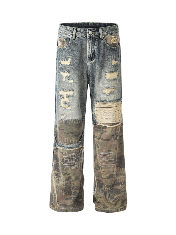 Ripped Camouflage Patchwork Baggy Jeans