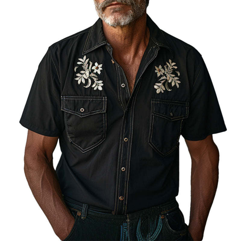 Men's Light Denim Embroidered Short Sleeve Shirt