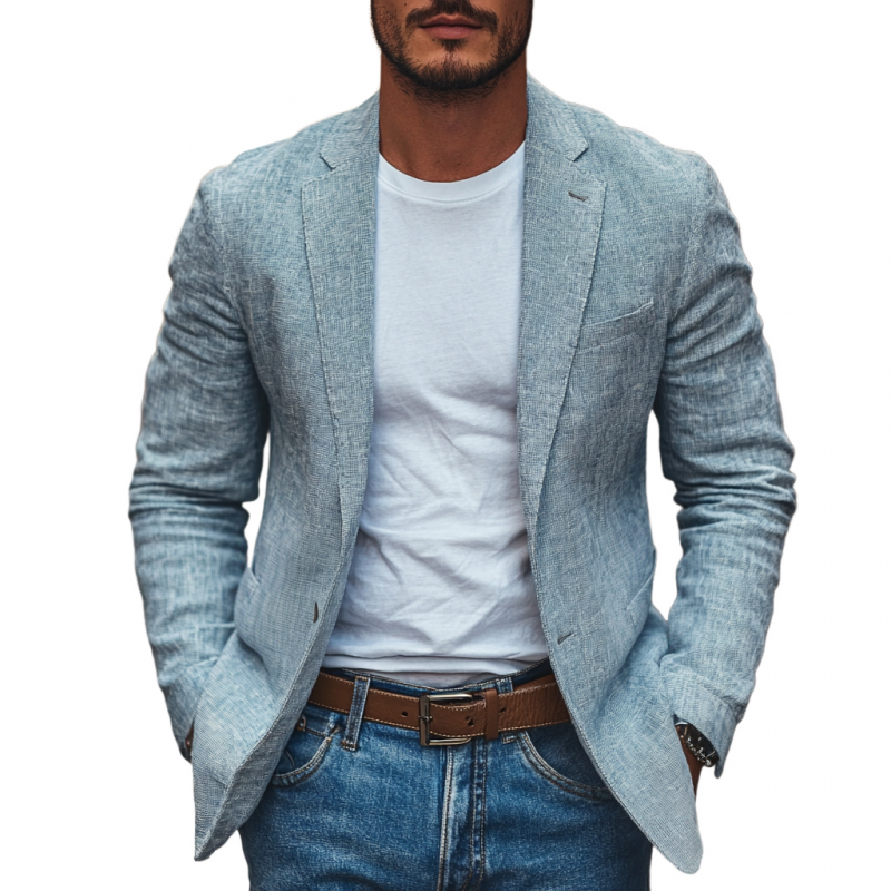 Lässiger Herren-Blazer aus Leinenmischung mit fallendem Revers, einreihig, schmale Passform