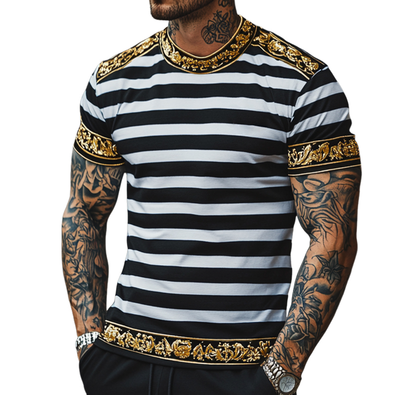 Camiseta de manga corta con cuello redondo y estampado barroco retro informal para hombre