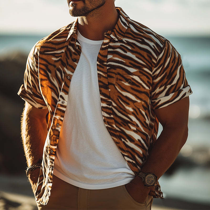 Herren Sommer Retro Tiger Print Lässiges Kurzarmhemd